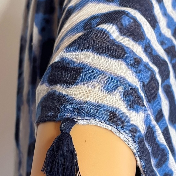 Blue & White Tie Dye Pom Pom Open Caftan Swim Cover Up - Picture 6 of 7